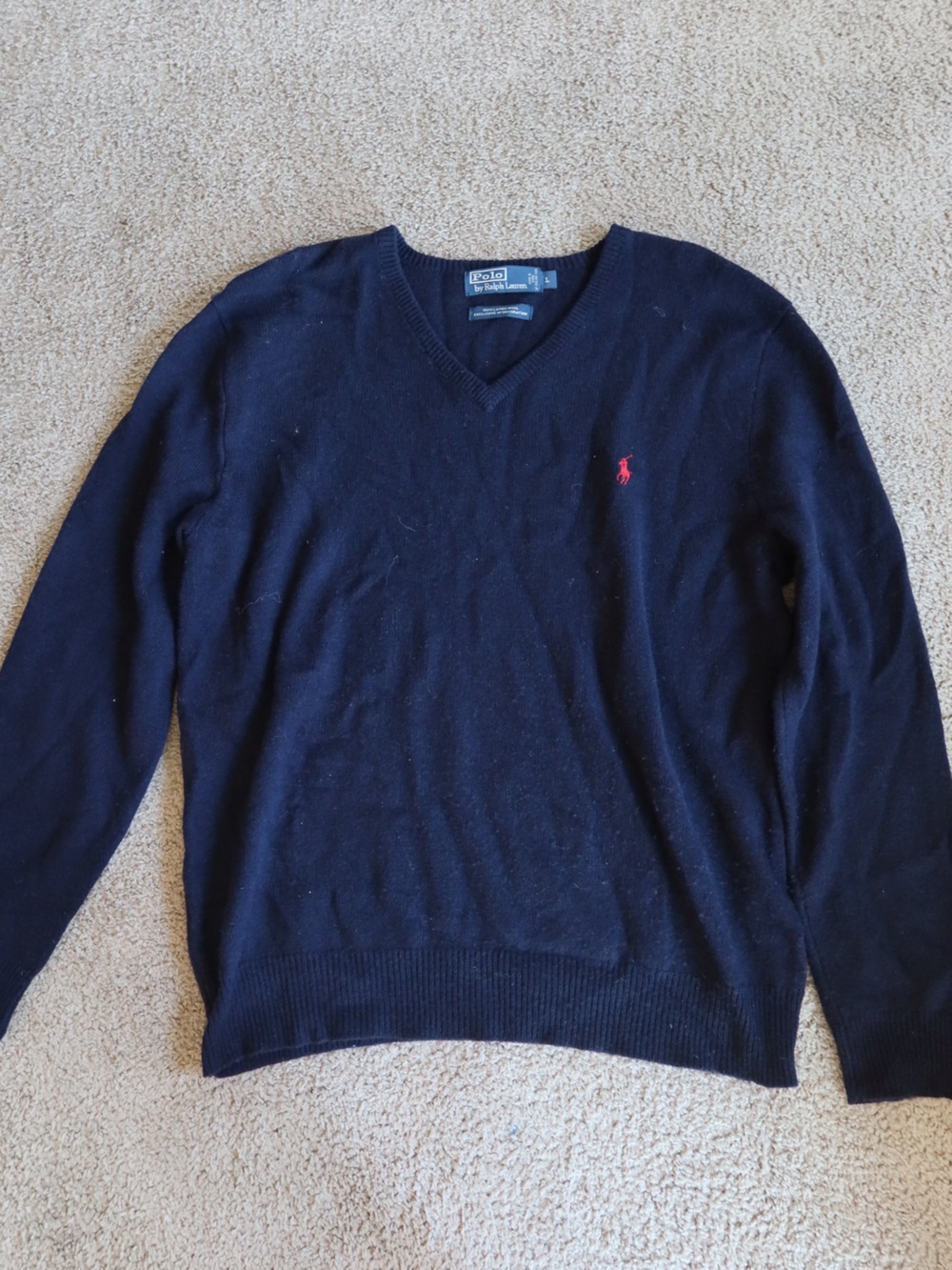 Polo by Ralph Lauren Men’s Navy V-Neck Sweater with Red Pony Logo